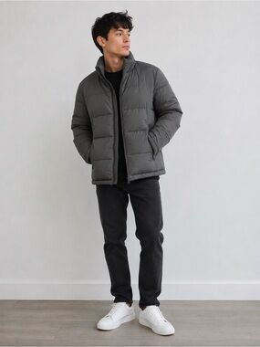 Calvin Klein Jacket Mens L Gray Quilted Puffer With Set in Bib Detail